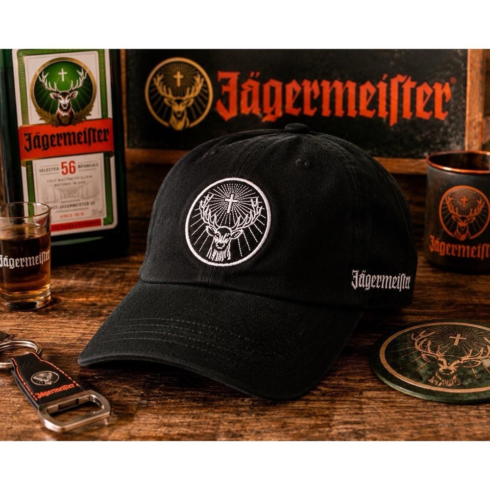 Jagermeister Black Hat Stag Deer Cross Logo Embroidered Adjustable Baseball Cap